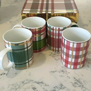 Plaid Porcelain Tea/Coffee Mugs - Set of 4
